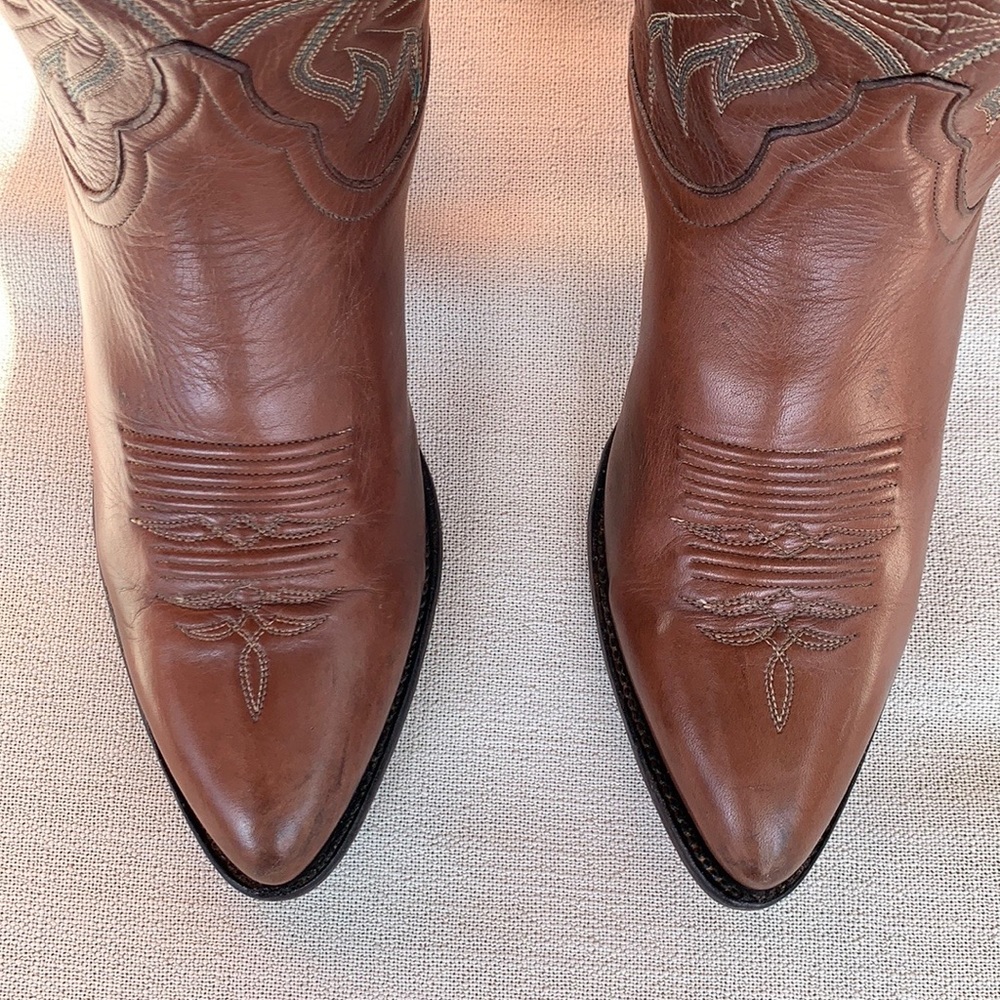 LARRY MAHAN Vintage Star Inlay Tall Mid-Calf Brown Leather Cowgirl Western Boots - Picture 7 of 13